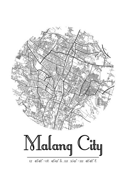 illustrazioni stock, clip art, cartoni animati e icone di tendenza di minimalista malang mappa della città decorazione murale stampabile - malang
