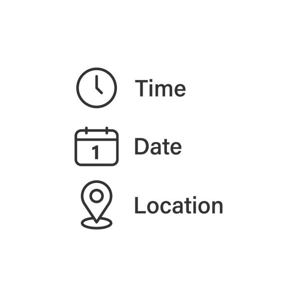 ilustraciones, imágenes clip art, dibujos animados e iconos de stock de icono de fecha, hora y ubicación en estilo plano. ilustración vectorial de mensajes de eventos en fondo aislado. concepto de negocio de signo de información. - time duration