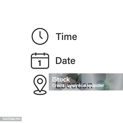 istock Date, time, location icon in flat style. Event message vector illustration on isolated background. Information sign business concept. 1402586395