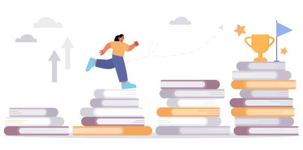 illustrazioni stock, clip art, cartoni animati e icone di tendenza di donna correre su scale di pile di libri da premiare - somerset levels