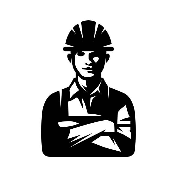 ilustrações de stock, clip art, desenhos animados e ícones de the icon is a working man. avatar of the builder. a black silhouette of a portrait of a man in a construction helmet with his arms crossed on his chest. vector illustration isolated on a white background for design and web. - construction worker silhouette people construction