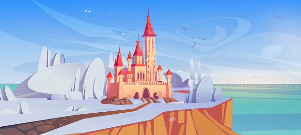 Magic castle at winter day on sea cliff with road. Fairytale palace at beautiful nature landscape with falling snow and seascape. Fantasy fortress, medieval architecture Cartoon vector illustration