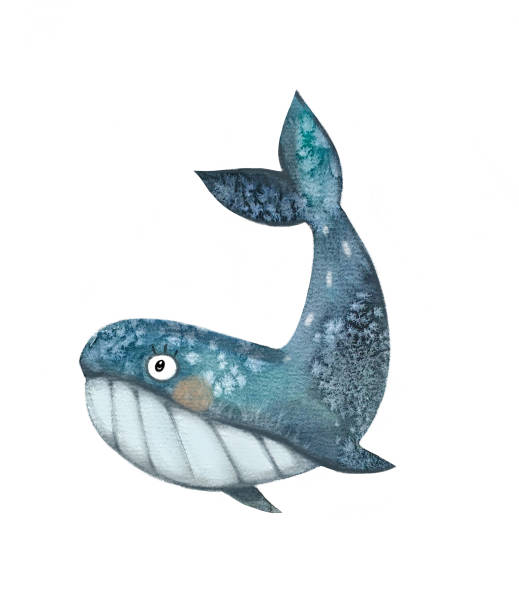 istock Blue whale watercolor hand drawn illustration in the water with green oceanic algae. 1402587848