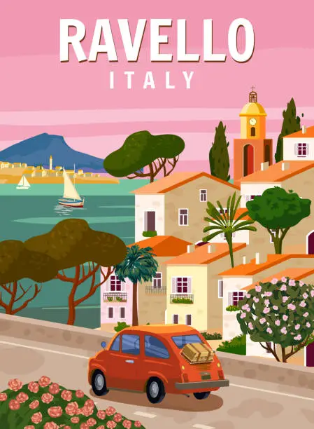 Vector illustration of Retro Poster Italy, Ravello resort, Amalfi coast. Road retro car, mediterranean romantic landscape, mountains, seaside town, sailboat, sea. Retro travel poster