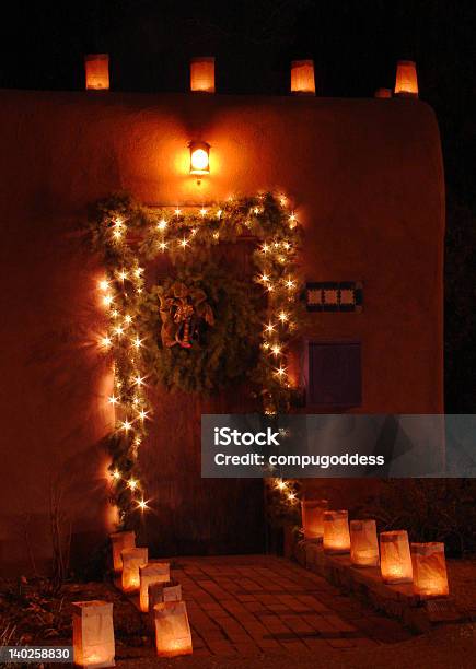 Doorway And Luminarias Stock Photo - Download Image Now - Luminaria, Christmas, New Mexico