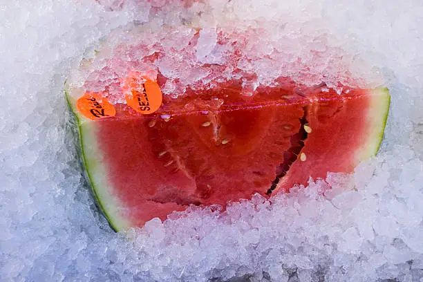 Watermelon on ice at open air market