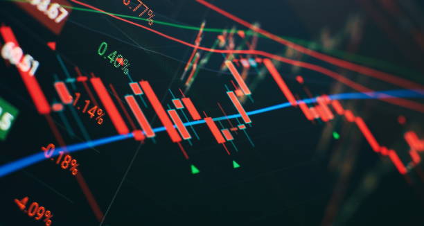istock Technical price graph and indicator, red and green candlestick chart on blue theme screen, market volatility, up and down trend. Stock trading, crypto currency background. 1402589991