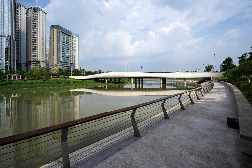 Bridges and meadows by the river on sunny days