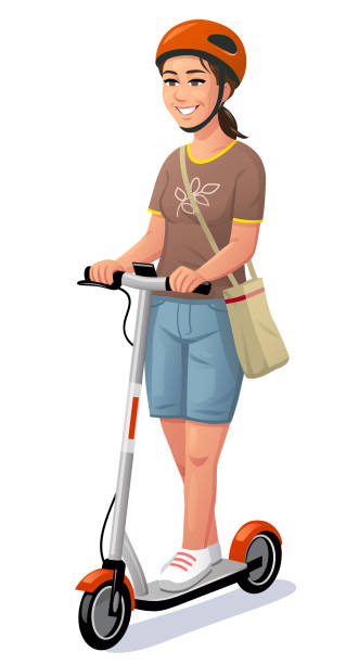 illustrazioni stock, clip art, cartoni animati e icone di tendenza di giovane donna che guida uno scooter elettrico - monopattino elettrico