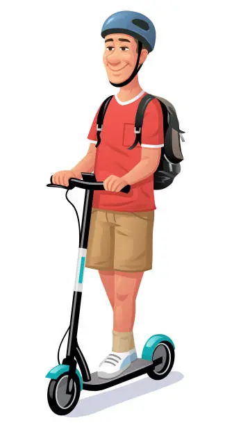 Vector illustration of Young Man Riding Electric Scooter