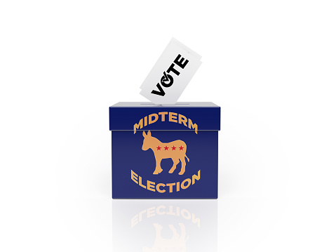 Blue color vote box and Democrat party icon November eight midterm election concept. On white color background. Horizontal composition. Isolated with clipping path.