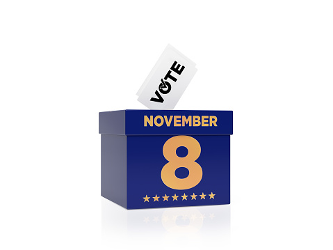 Blue color vote box November eight election concept. On white color background. Horizontal composition. Isolated with clipping path.