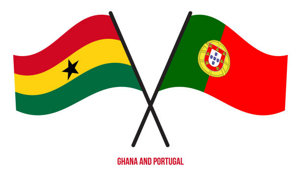 флаги ганы и португалии скрещены и развеваются в плоском стиле. официальная пропорция. правильные цвета. - portugal ghana stock illustrations