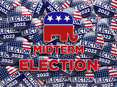 2022 midterm election badges and Republican party icon. Horizontal composition.