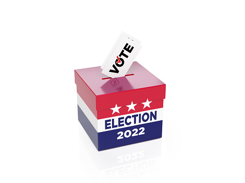 Vote box with stars and election 2022 text November eight midterm election concept. On white color background. Horizontal composition. Isolated with clipping path.