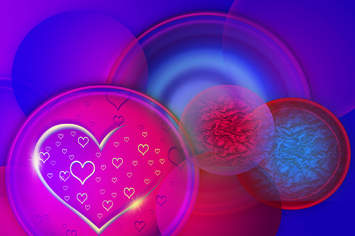 Abstract red pink blue circles and hearts background.