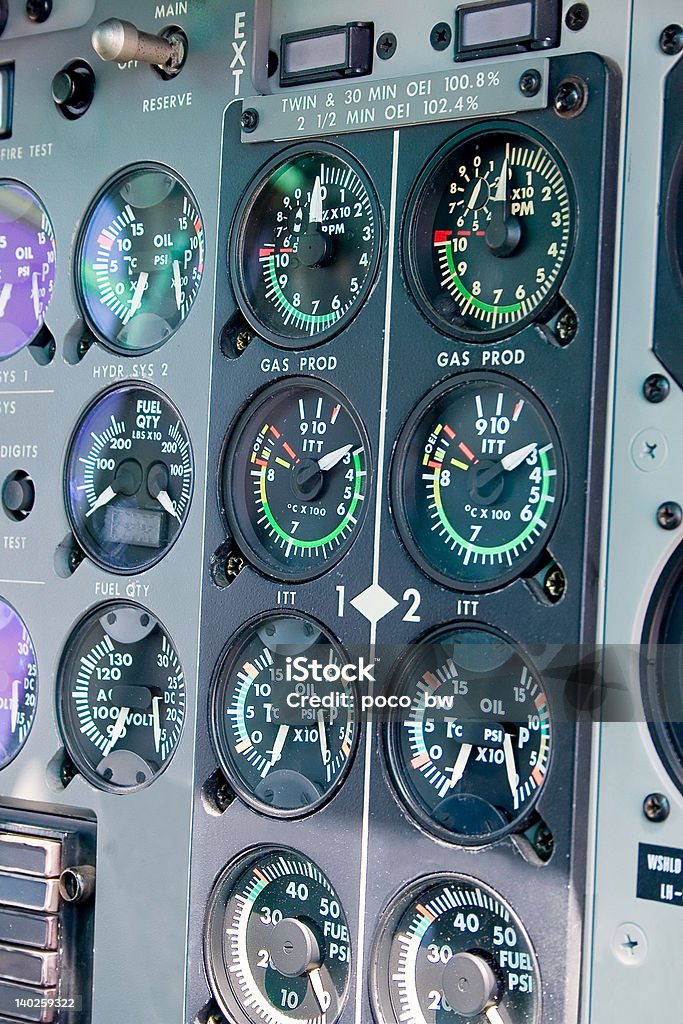 cockpit airplane helicopter dash board, lots of dials Airplane Stock Photo