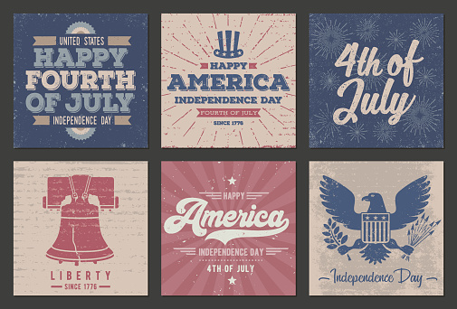 Set of 6 vintage/grunge squared greeting cards for the America Independence Day Holiday. Old-fashioned style designs with graphic icons and symbols for the 