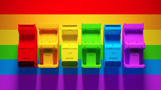 Rainbow Pride Vibrant LGBTQ Arcade Video Gaming Console Wall Retro Computer Games Equipment 3d illustration render