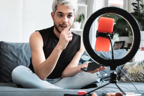 istock Transgender influencer streaming online makeup video tutorial on social media at home - Lgbt, gay, gender fluid concept 1402596226