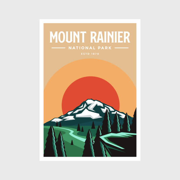 ilustraciones, imágenes clip art, dibujos animados e iconos de stock de diseño de ilustración vectorial de póster del parque nacional mount rainier - monte rainier