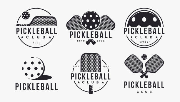 ilustrações, clipart, desenhos animados e ícones de conjunto de vintage pickleball logotipo selo vetor em fundo branco - ténis desporto com raqueta