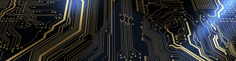 Abstract technological background made of different element printed circuit board.  Printed circuit board in the server executes the data. 3d rendering