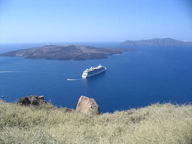 Cruiseship in santorini, greece