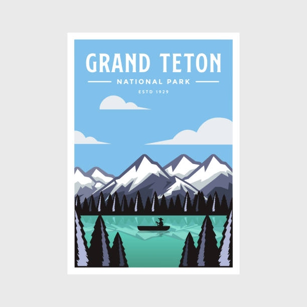 национальный парк гранд-титон плакатный дизайн векторной иллюстрации - grand teton national park stock illustrations