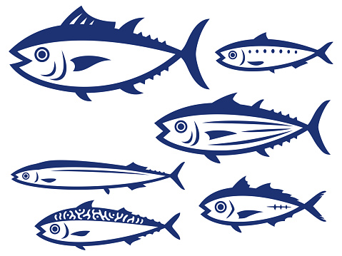 Paper cut style illustration set of various fish in dark blue