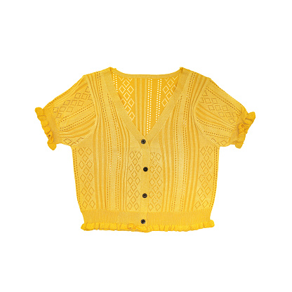 Flatlay A light yellow knitwear crop top portrait, photo, creates a fresh look. Its use as a commercial preview item on white background. Clipping Paths.