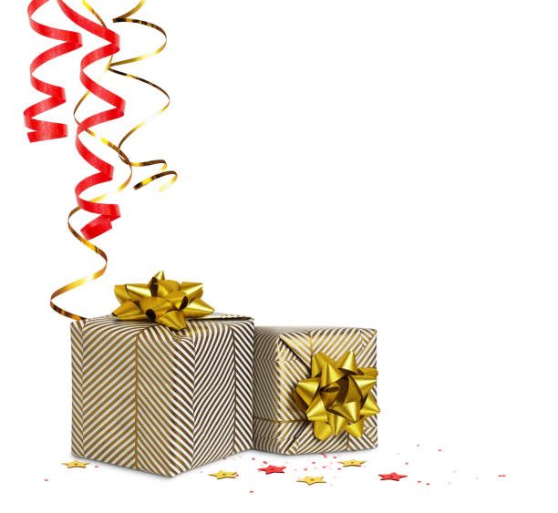 Pile of shiny gold colored bows on white background