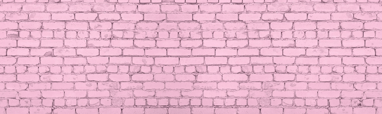 Pale pink old rough brick wall wide texture. Dusty rose shabby brickwork. Abstract vintage panoramic pastel color background