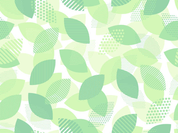 musterhintergrundillustration von grünen blättern mit punkten und streifen - seamless pattern leaf cute stock-grafiken, -clipart, -cartoons und -symbole