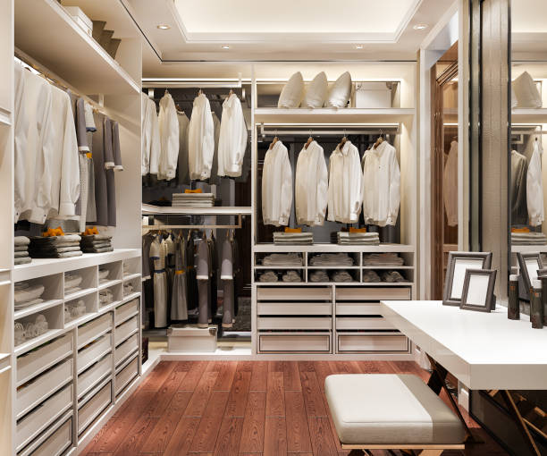 istock 3d rendering minimal scandinavian wood walk in closet with wardrobe 1402599331