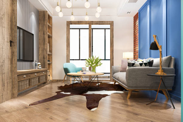 istock 3d rendering loft scandinavian living room with working table and bookshelf 1402599357