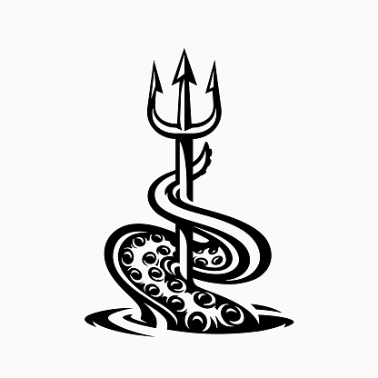 Tentacle and trident vector illustration. Kraken spear icon. Octopus harpoon tattoo symbol. Deep sea monster nautical mythology.