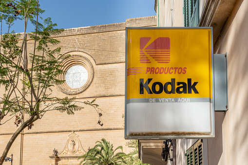 Porreres, Spain; june 04 2022: Advertising poster of the now extinct famous photographic brand, Kodak, in the Majorcan town of Porreres. Vintage poster