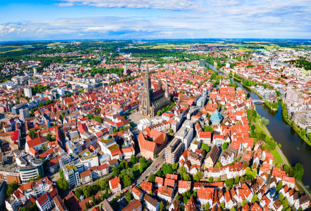 Ulm Minster Church aerial panoramic view, Germany Ulm Minster or Ulmer Munster Cathedral aerial panoramic view, a Lutheran church located in Ulm, Germany. It is currently the tallest church in the world. munster stock pictures, royalty-free photos & images