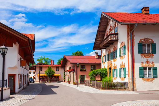Beauty houses with luftlmalerei bayern art form of house facade painting in Oberammergau town in Bavaria, Germany