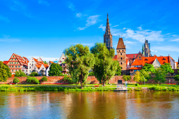 Ulm Minster Church in Ulm old town Metzgerturm Tower, Ulm Minster Church or Ulmer Munster Cathedral and Danube river in Ulm old town. Ulm Minster Church is currently the tallest church in the world. ulm germany stock pictures, royalty-free photos & images