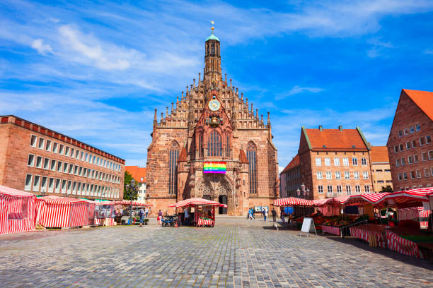 Frauenkirche Church of Our Lady, Nuremberg The Frauenkirche or Church of Our Lady at Hauptmarkt main square in Nuremberg old town. Nuremberg is the second largest city of Bavaria state in Germany. saxony flag stock pictures, royalty-free photos & images