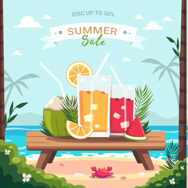 Vector illustration of Summer time Scene. Beach parties have tables on the beach