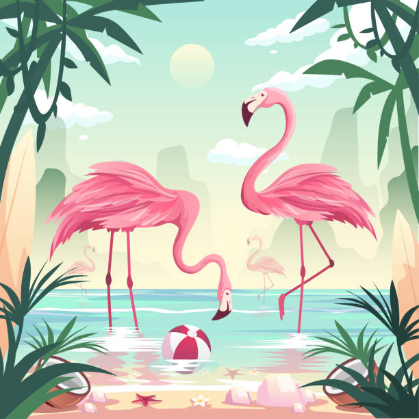 Summer time beach concept. Flamingos catching fish at the seashore Summer time beach concept. Flamingos catching fish at the seashore The back view is an island in the mist. On the fifth side is a shady tree beach. with ball and coconut . Vector flat illustration flamingo stock illustrations