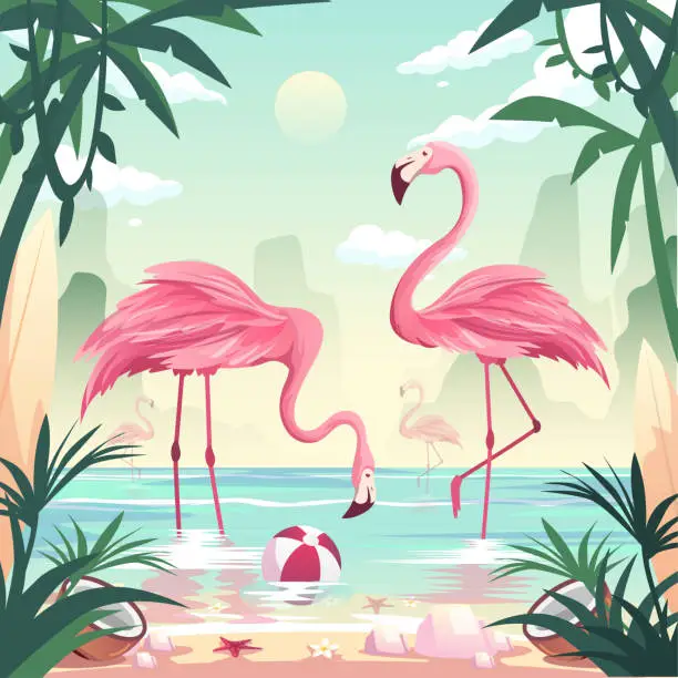 Vector illustration of Summer time beach concept. Flamingos catching fish at the seashore