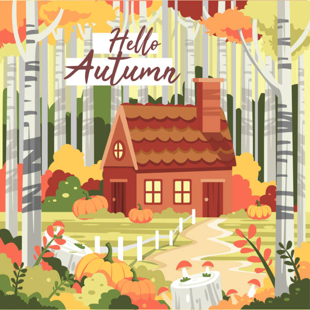 가을 숲 풍경. 계절별 시골 풍경 아늑한 오두막 - falling tree leaf autumn stock illustrations
