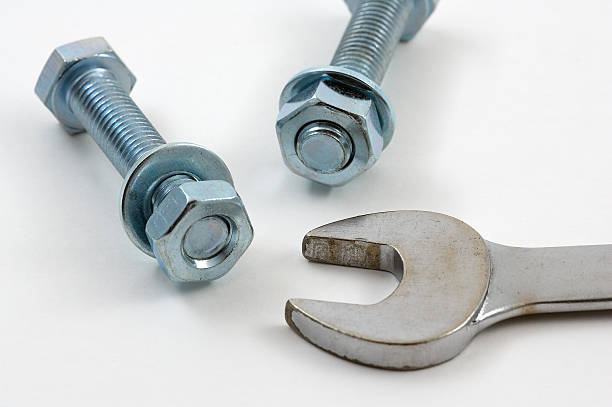 Right Fit 09 Spanner with galvanised nuts and bolts. rustproof stock pictures, royalty-free photos & images