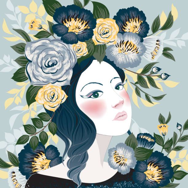 istock Vector illustration of a woman decorating her hair with flowers. 1402606579