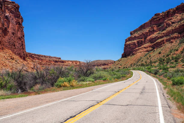 istock US road 128 winding through Utah desert between red cliffs on abeautiful day of spring. Scenic drive through American southwest. Riding a remote road. 1402607178