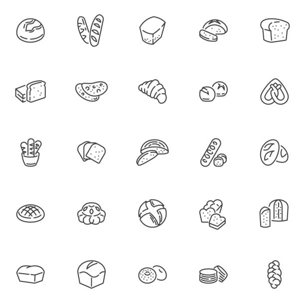 Types of bread line icons set Types of bread line icons set. linear style symbols collection, outline signs pack. Bakery bread vector graphics. Set includes icons as whole wheat, sourdough, french brioche, pita flatbread, challah brioche bun stock illustrations